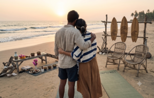 זוג בחיבוק תומך על חוף הים במהלך מפגש זוגי בים וגלישה טיפולית לטיפול בחרדה זוגית ופוסט טראומה.